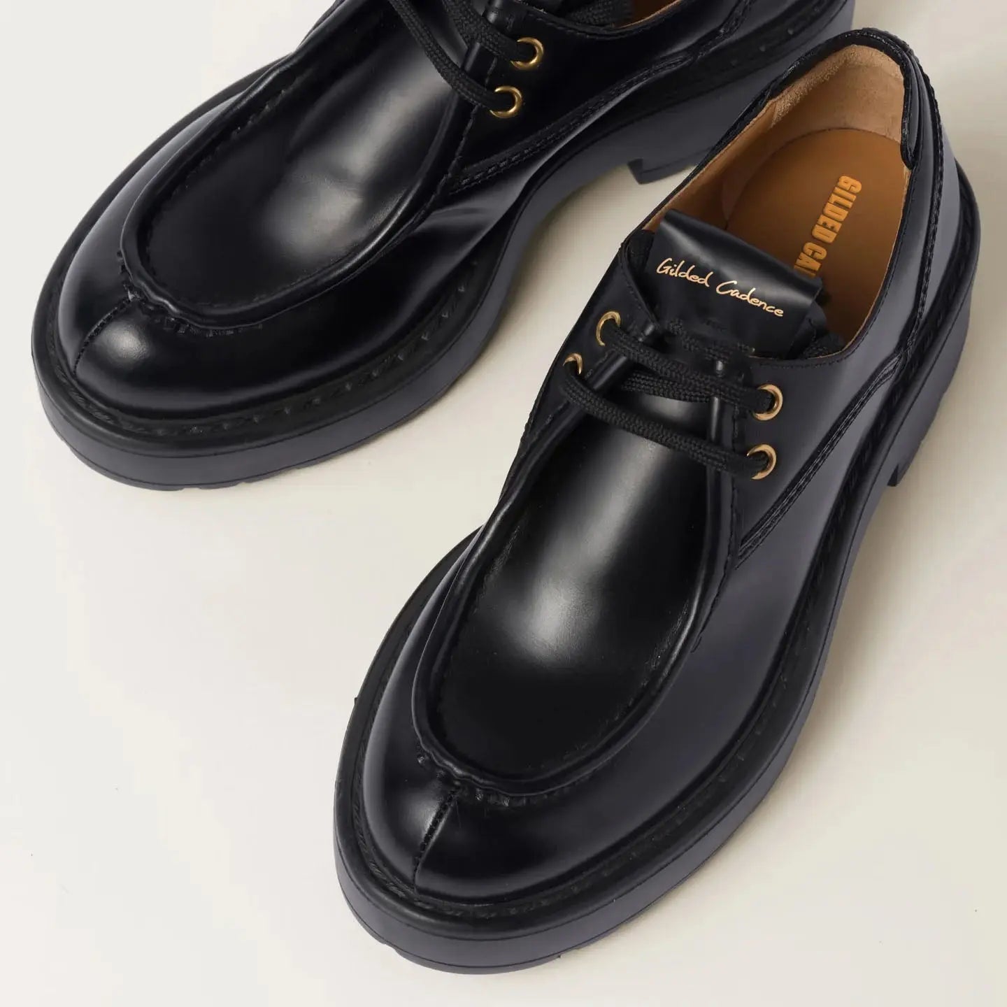 Women's Black Leather Lace-Up Flats Gilded Cadence