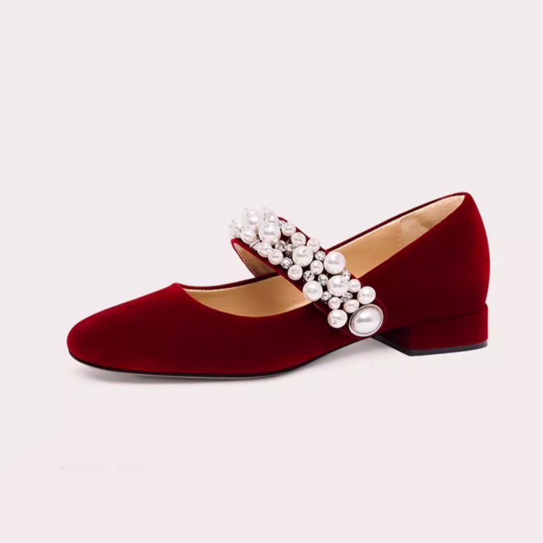 Velvet Pearl Strap Mary Jane Flats