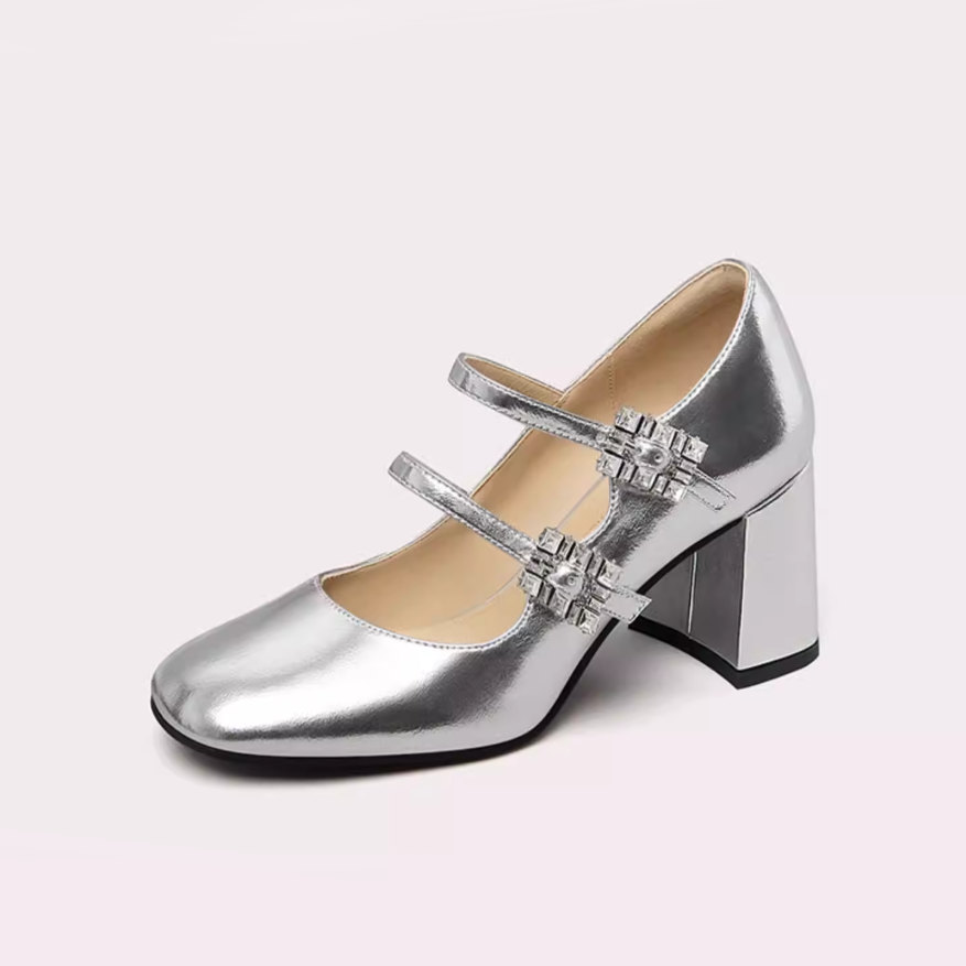 Silver Metallic Double Strap Mary Janes