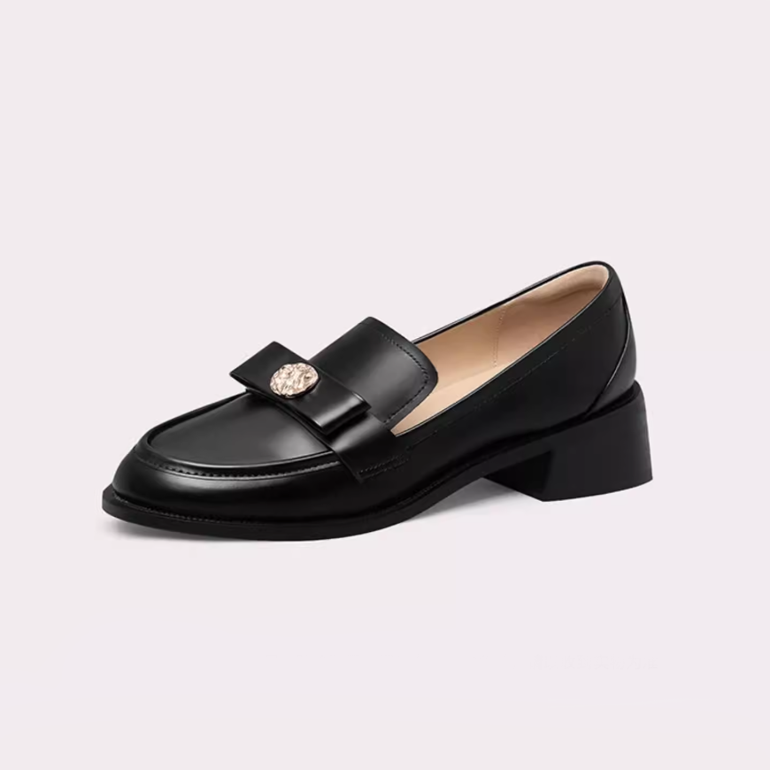 Gold Medallion Bow Round Toe Loafers