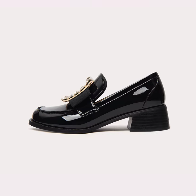 Crystal Buckle Glossy Loafer Block Heels