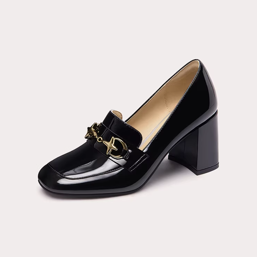 Black Patent Horsebit Loafer Heels