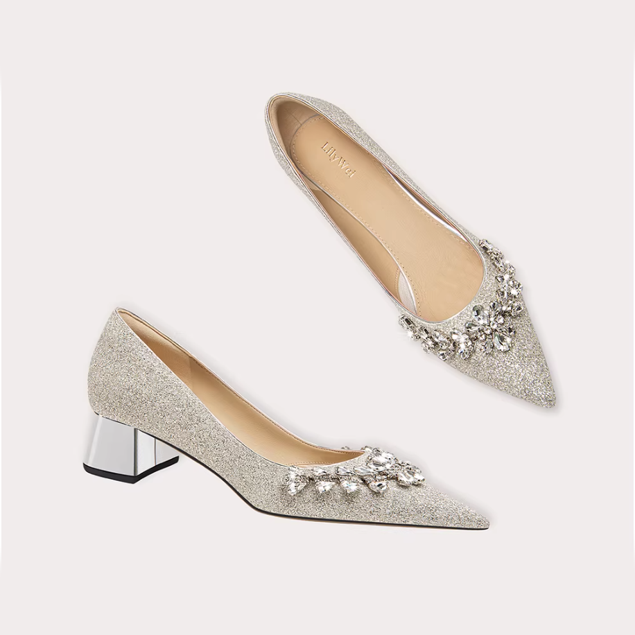 Champagne Crystal Glitter Block Pumps