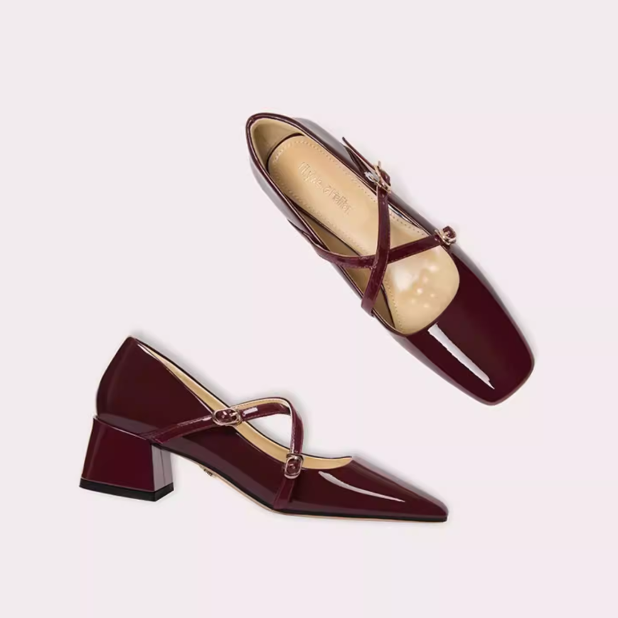 Burgundy Double Strap Mary Jane Heels