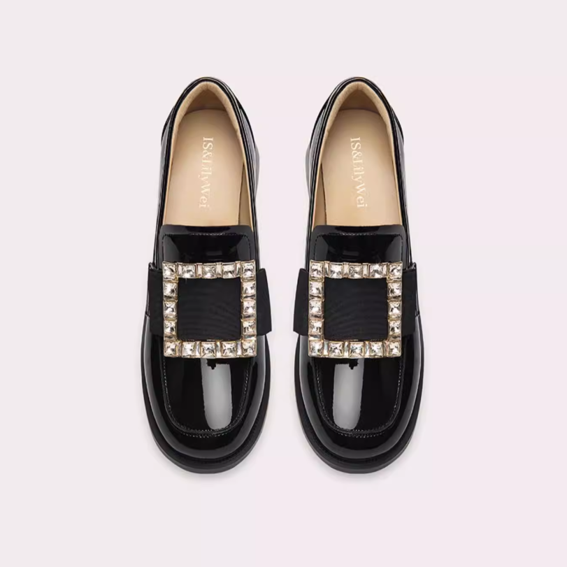 Crystal Buckle Glossy Loafer Block Heels