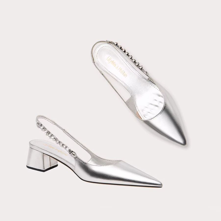 Silver Crystal Strap Slingback Pumps