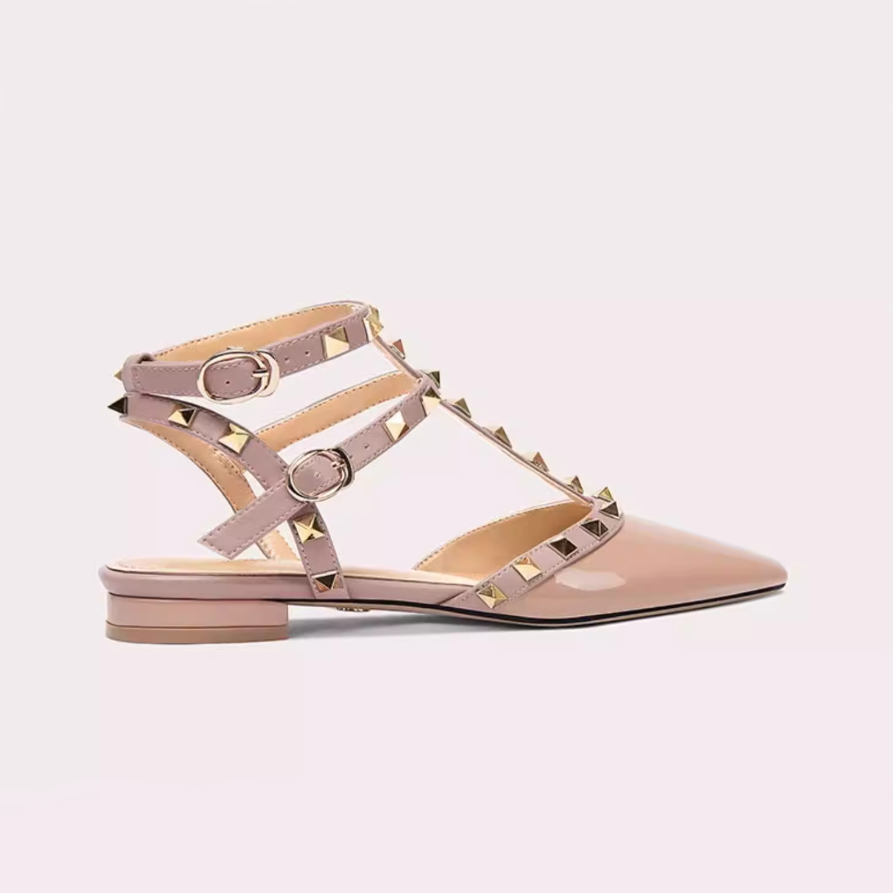 Studded T-Strap Pointed Toe Flats