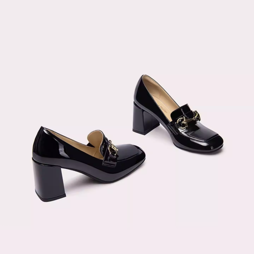 Black Patent Horsebit Loafer Heels