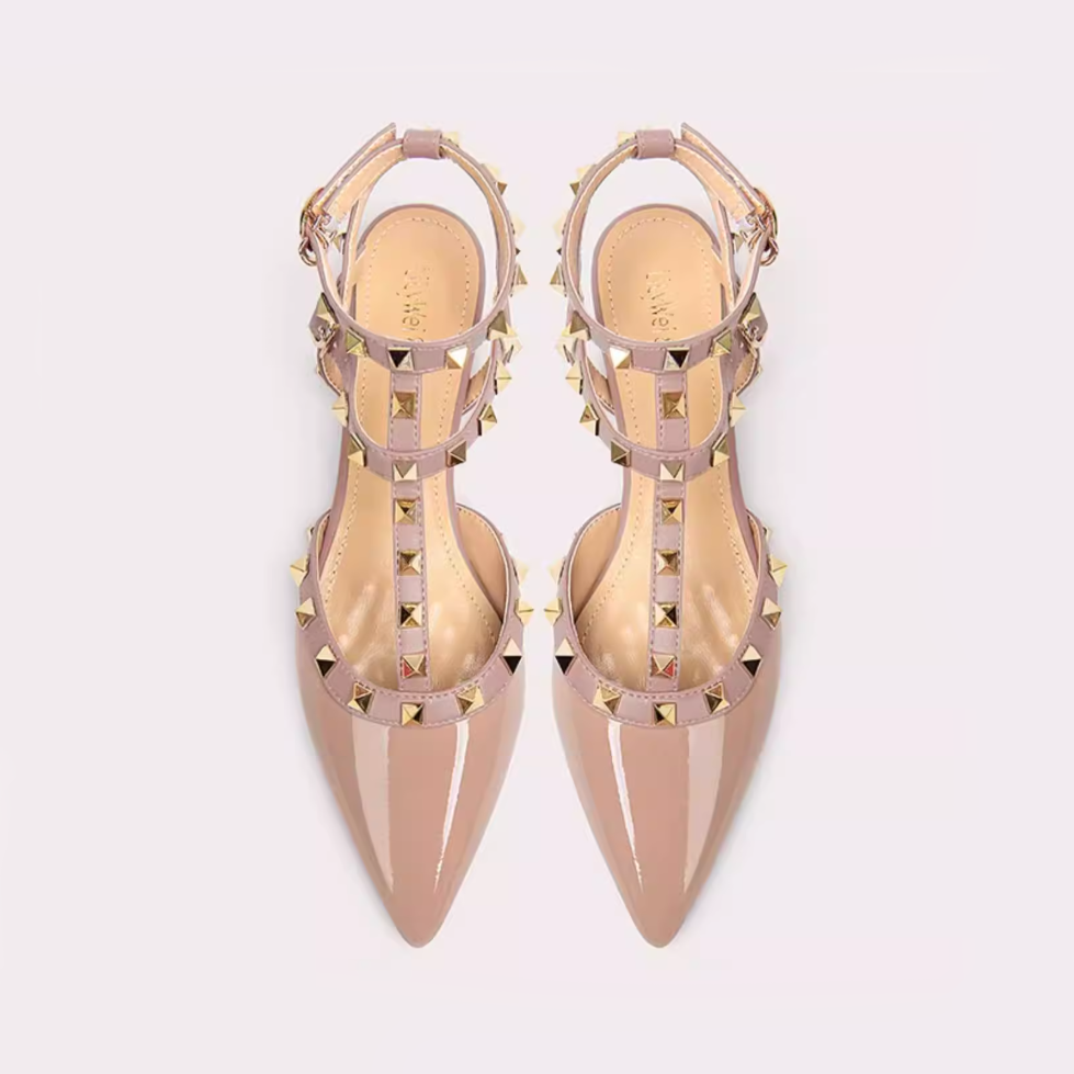 Studded T-Strap Pointed Toe Flats