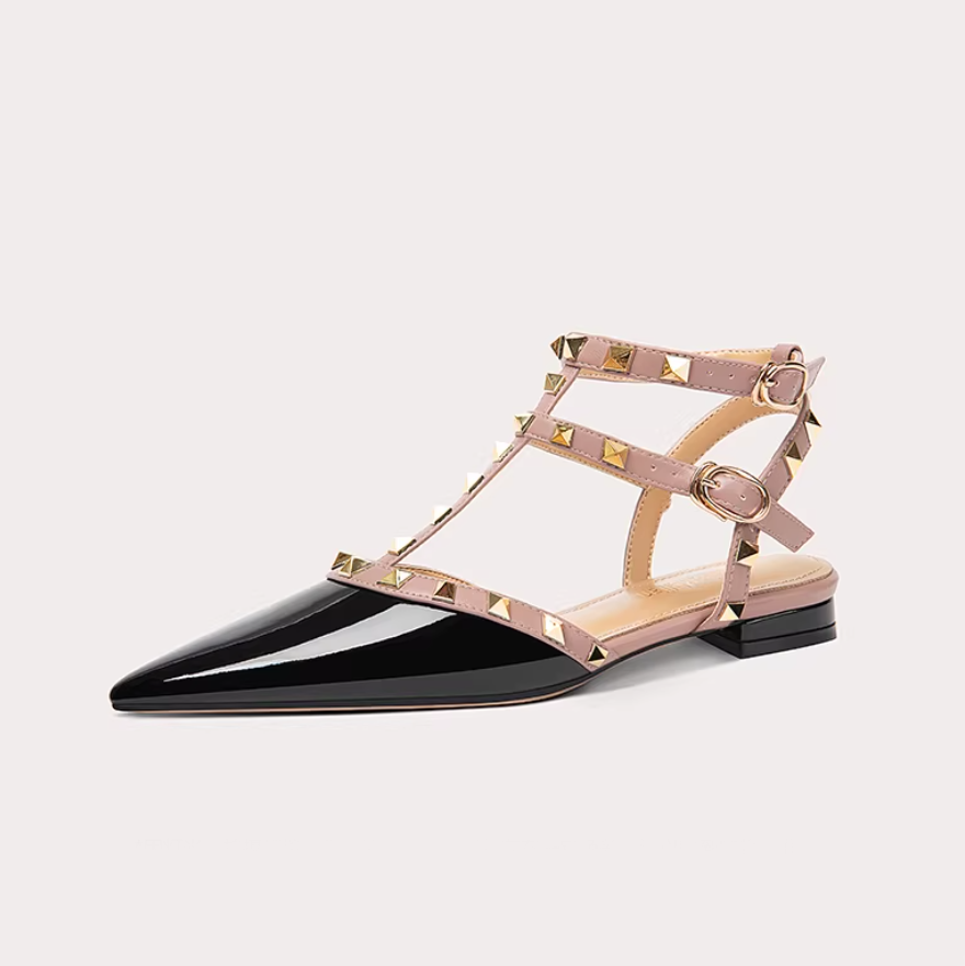 Studded T-Strap Pointed Toe Flats