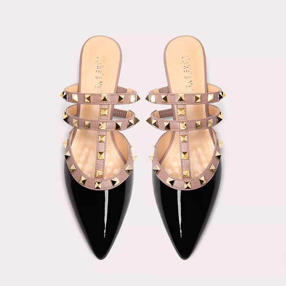 Studded Pointed Toe Flat Strappy Mules