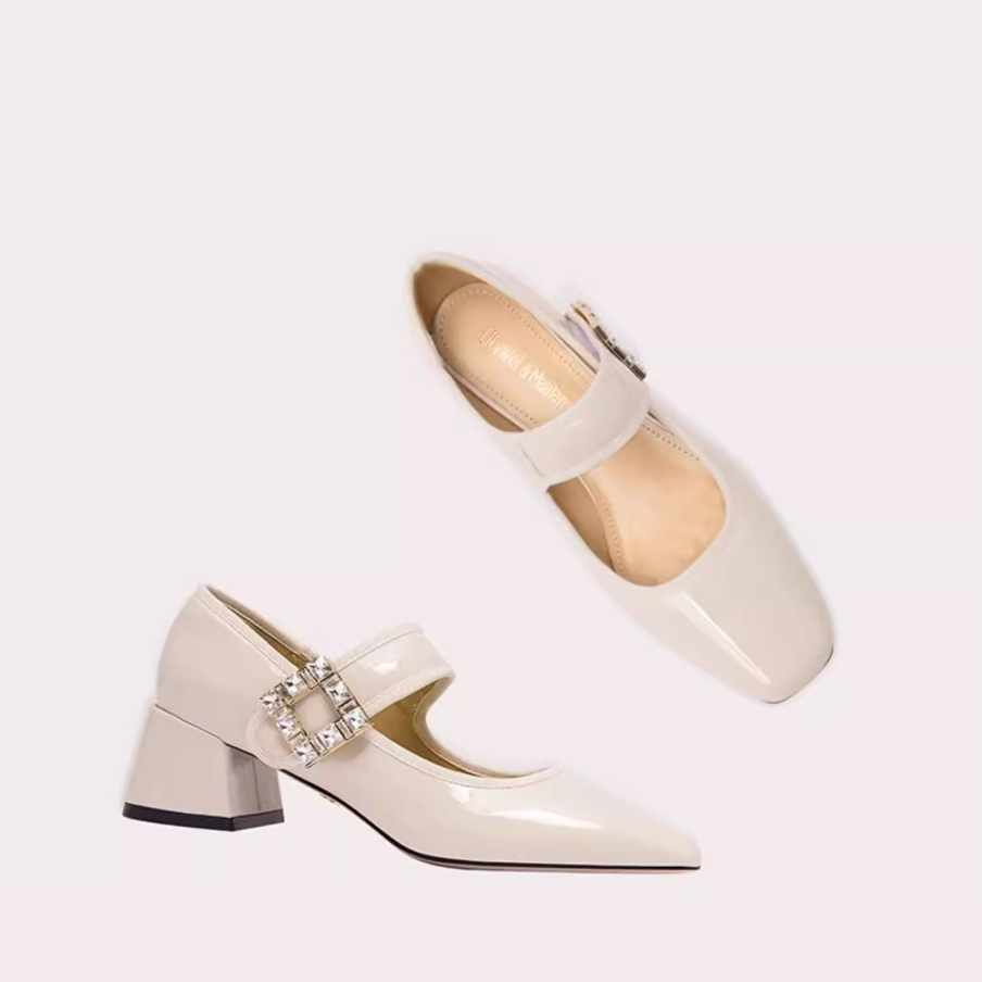 Crystal Buckle Ivory Mary Jane Pumps