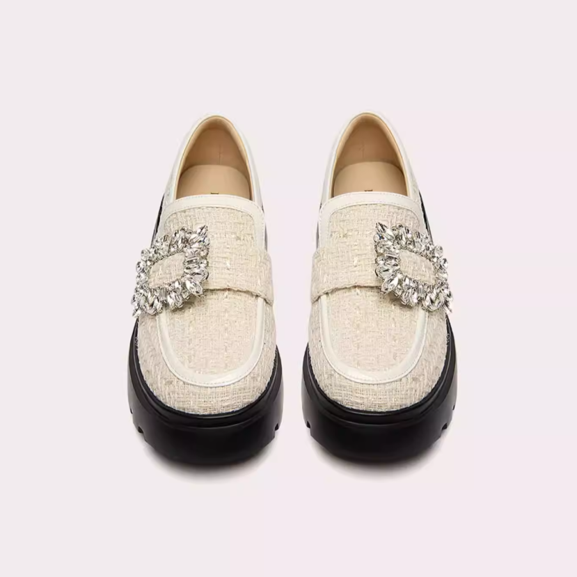 Crystal Buckle Tweed Platform Loafers