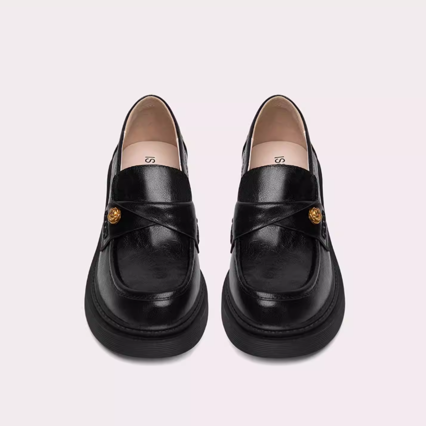 Gold Rose Detail Round Toe Black Loafers