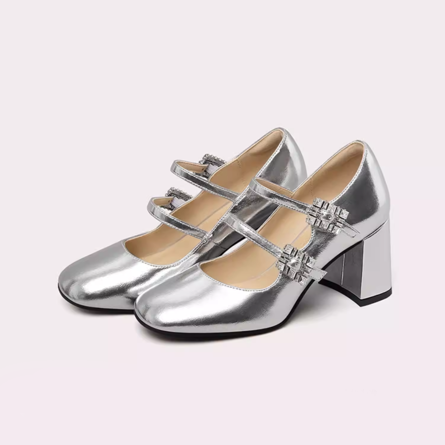 Silver Metallic Double Strap Mary Janes