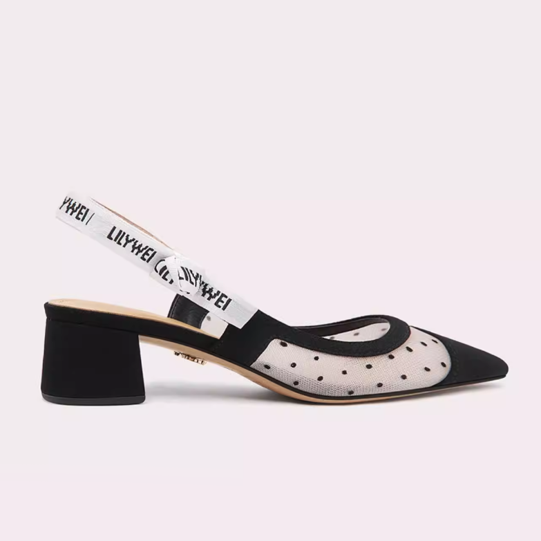 Polka Dot Mesh Block Heel Slingbacks