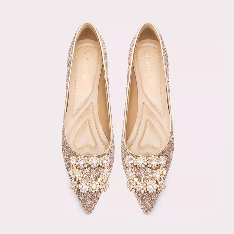 Rhinestone Buckle Gold Glitter Flats