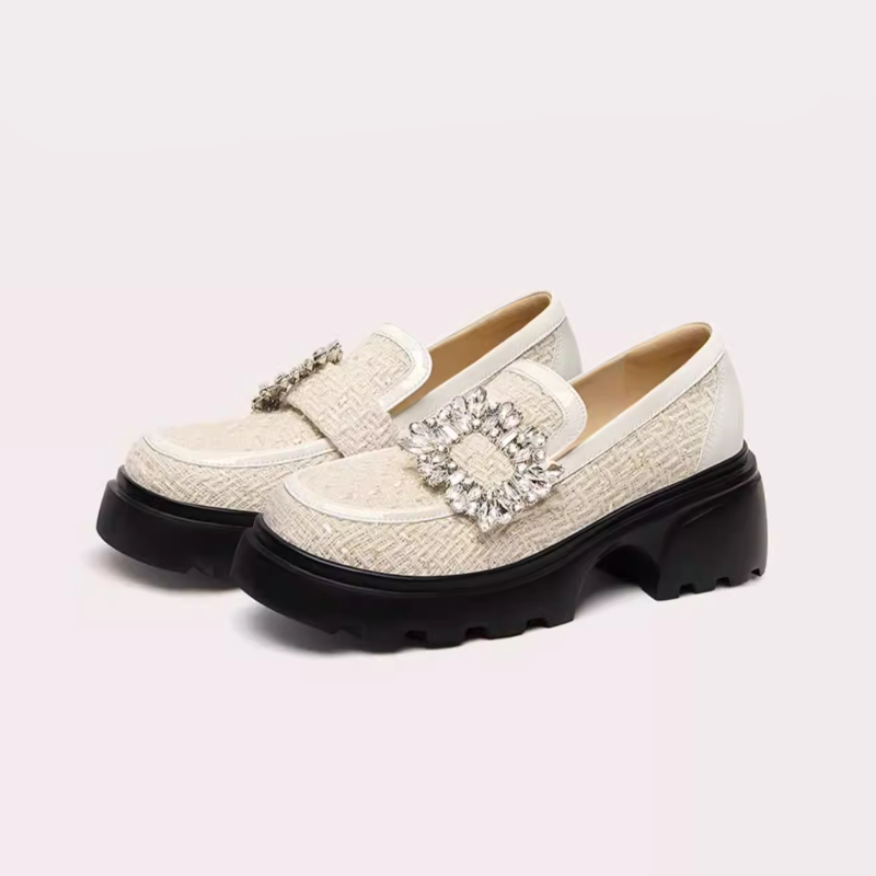Crystal Buckle Tweed Platform Loafers