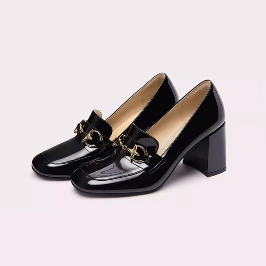 Black Patent Horsebit Loafer Heels