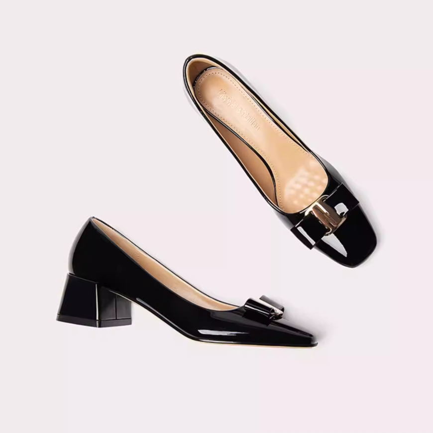 Khaki Bow Detail Square Toe Block Heels