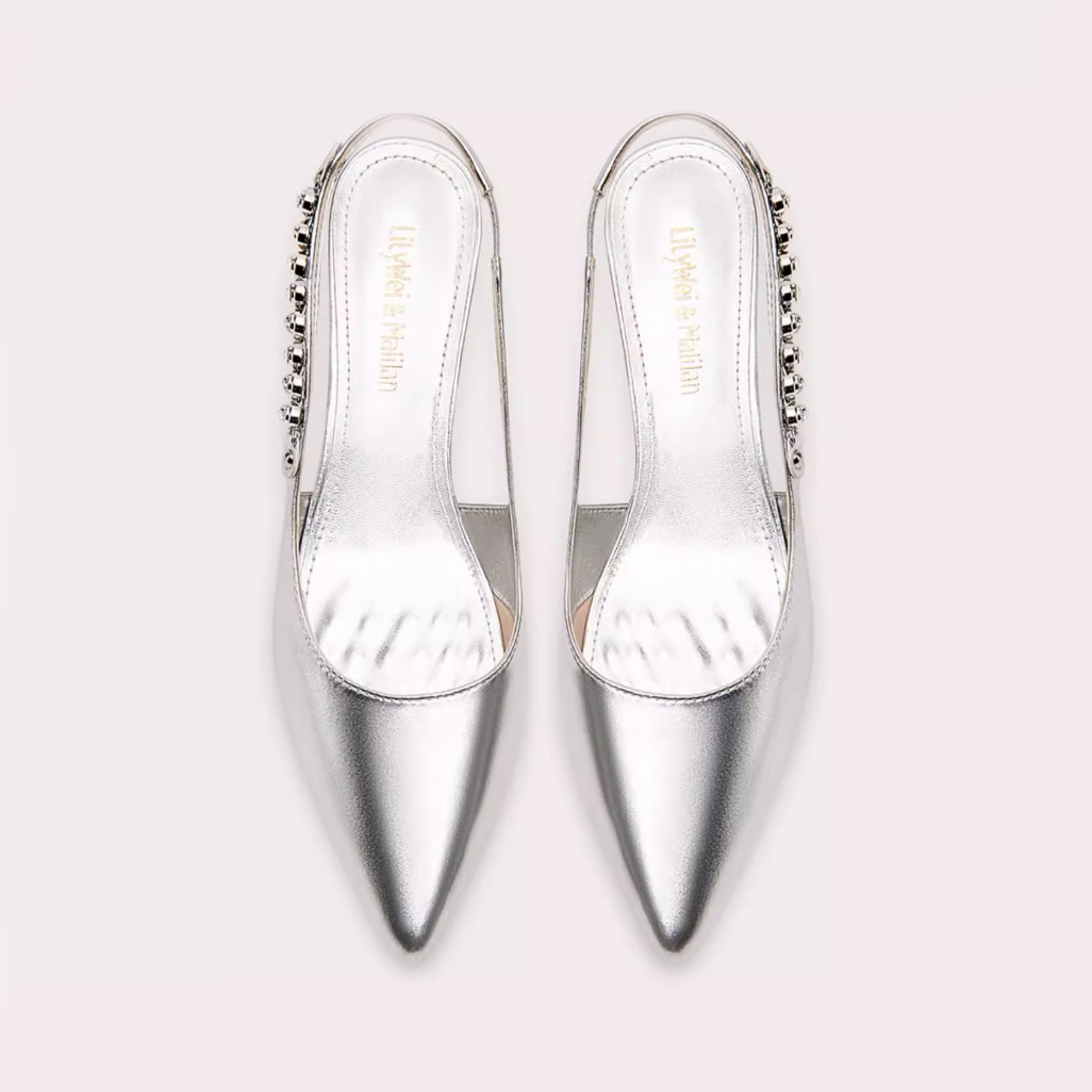 Silver Crystal Strap Slingback Pumps