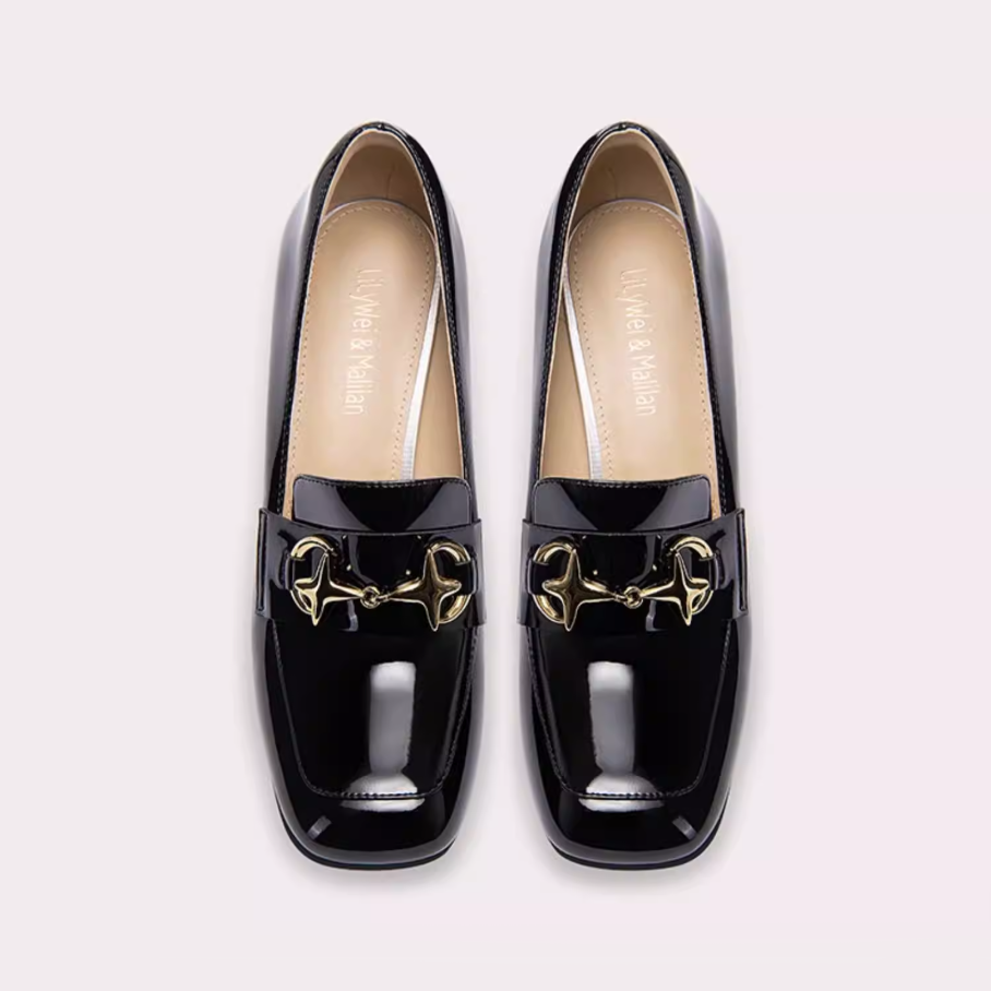 Black Patent Horsebit Loafer Heels