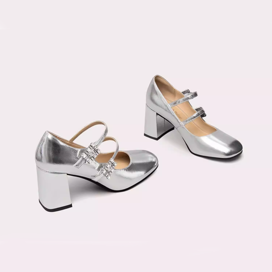 Silver Metallic Double Strap Mary Janes
