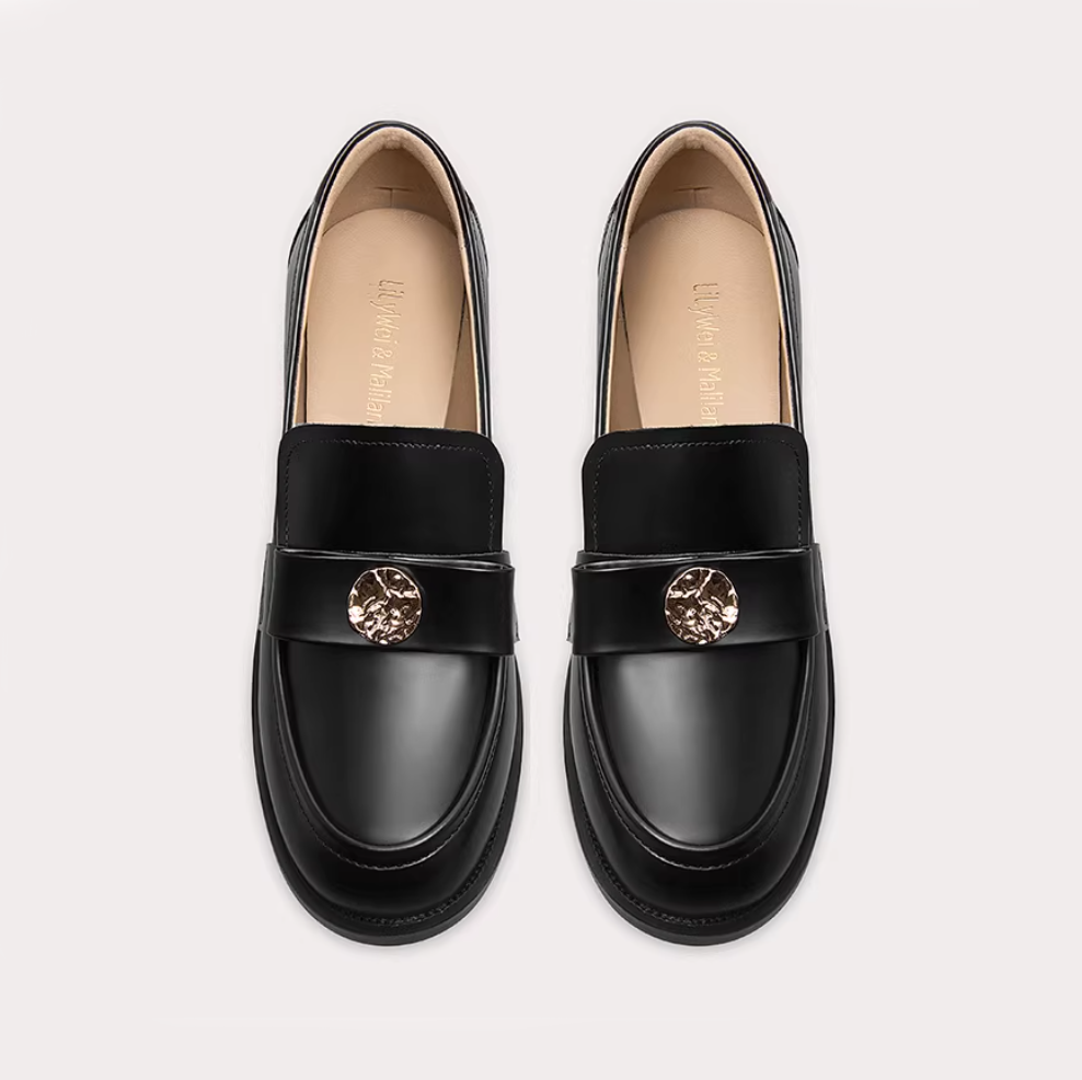Gold Medallion Bow Round Toe Loafers