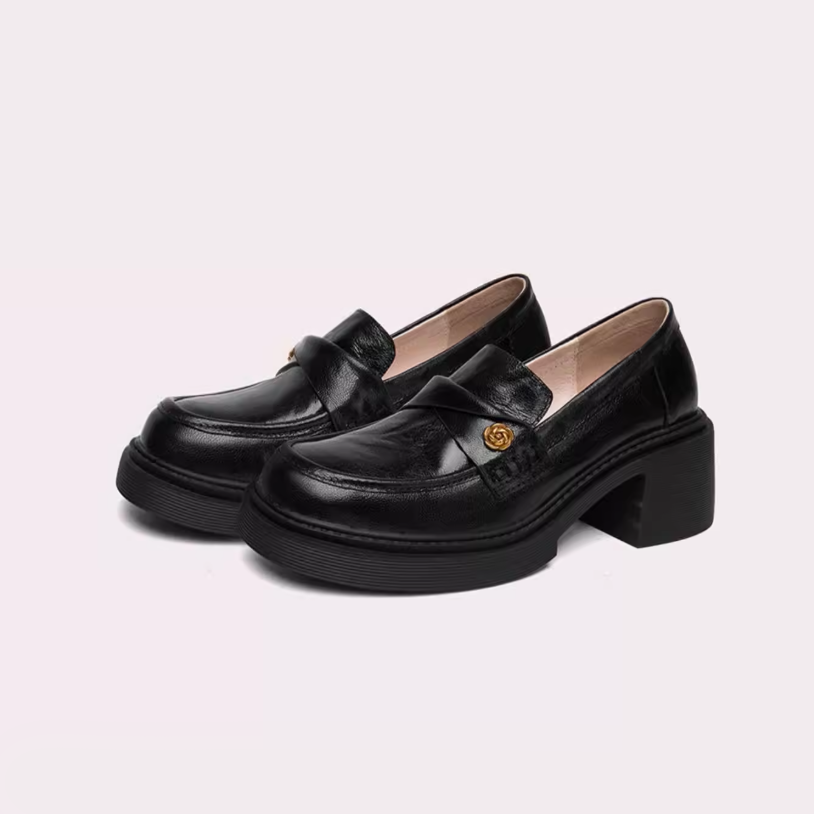 Gold Rose Detail Round Toe Black Loafers