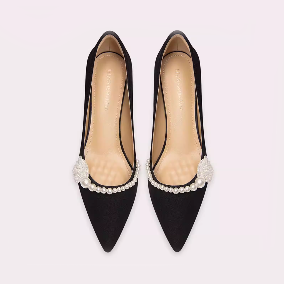 Pearl Trim Pointed Toe Block Heel Pumps