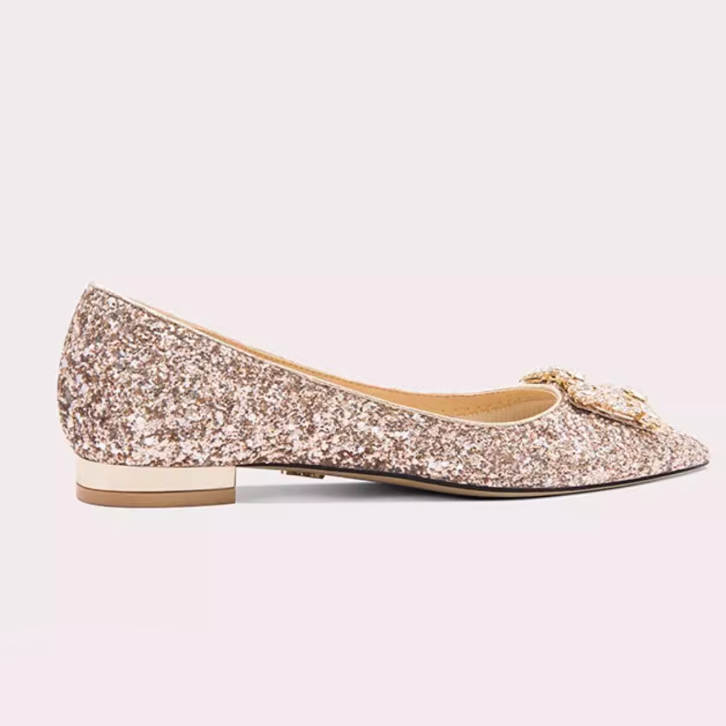 Rhinestone Buckle Gold Glitter Flats
