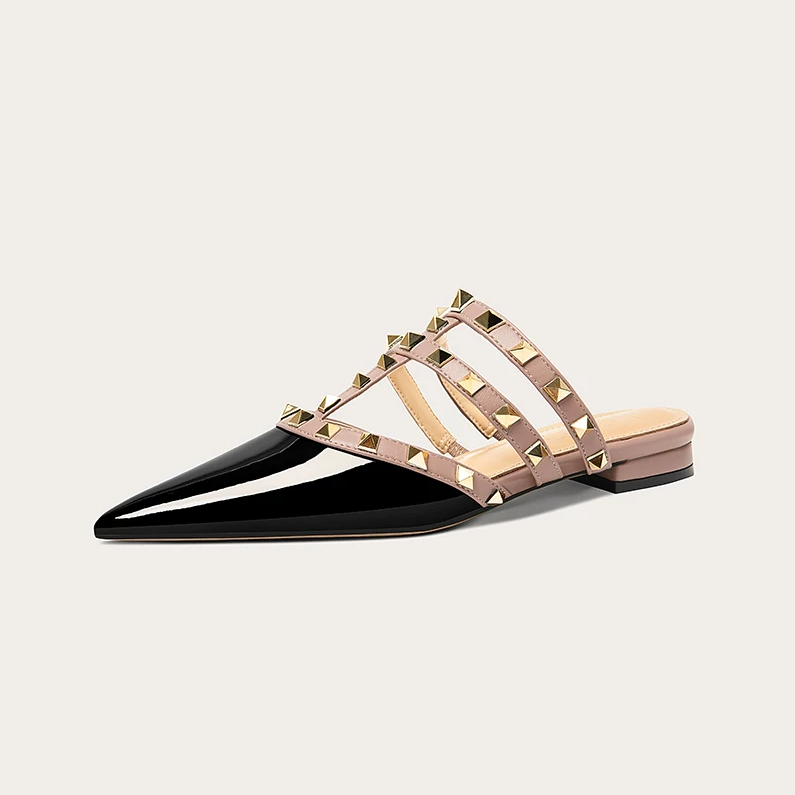 Studded Pointed Toe Flat Strappy Mules