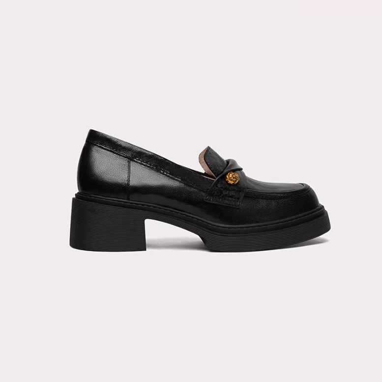 Gold Rose Detail Round Toe Black Loafers