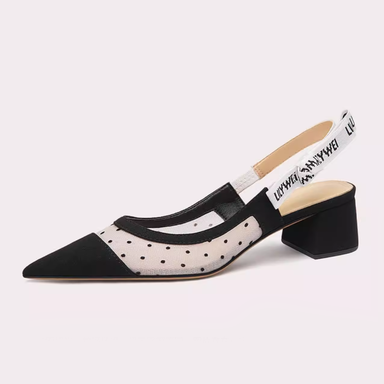 Polka Dot Mesh Block Heel Slingbacks