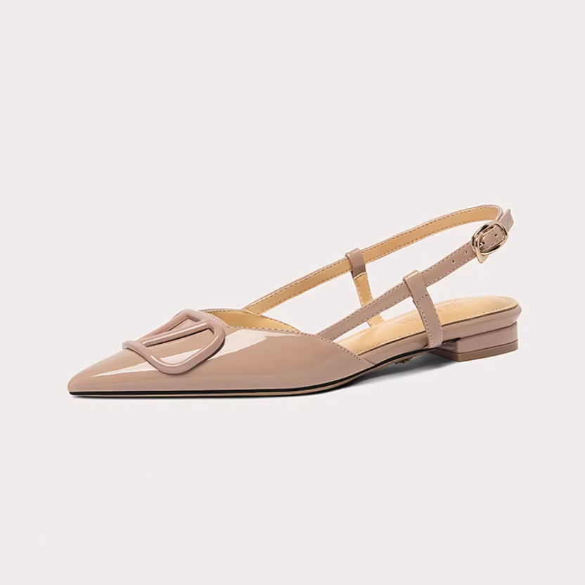 Nude V-Buckle Slingback Pointed Flats