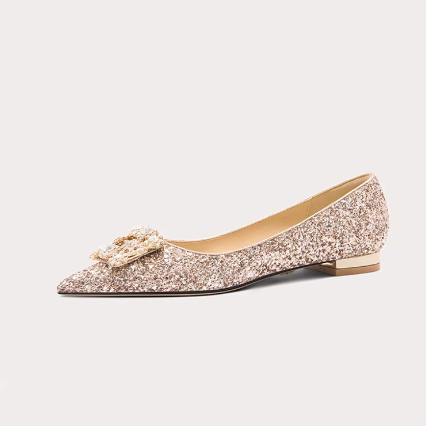 Rhinestone Buckle Gold Glitter Flats