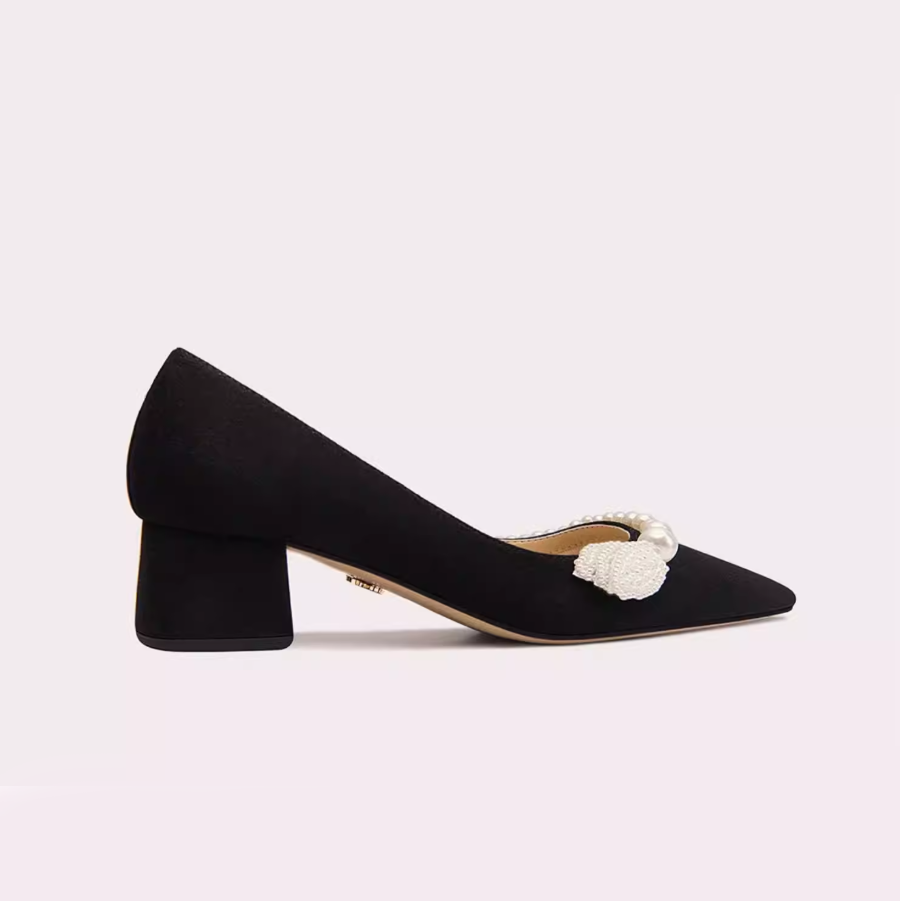 Pearl Trim Pointed Toe Block Heel Pumps