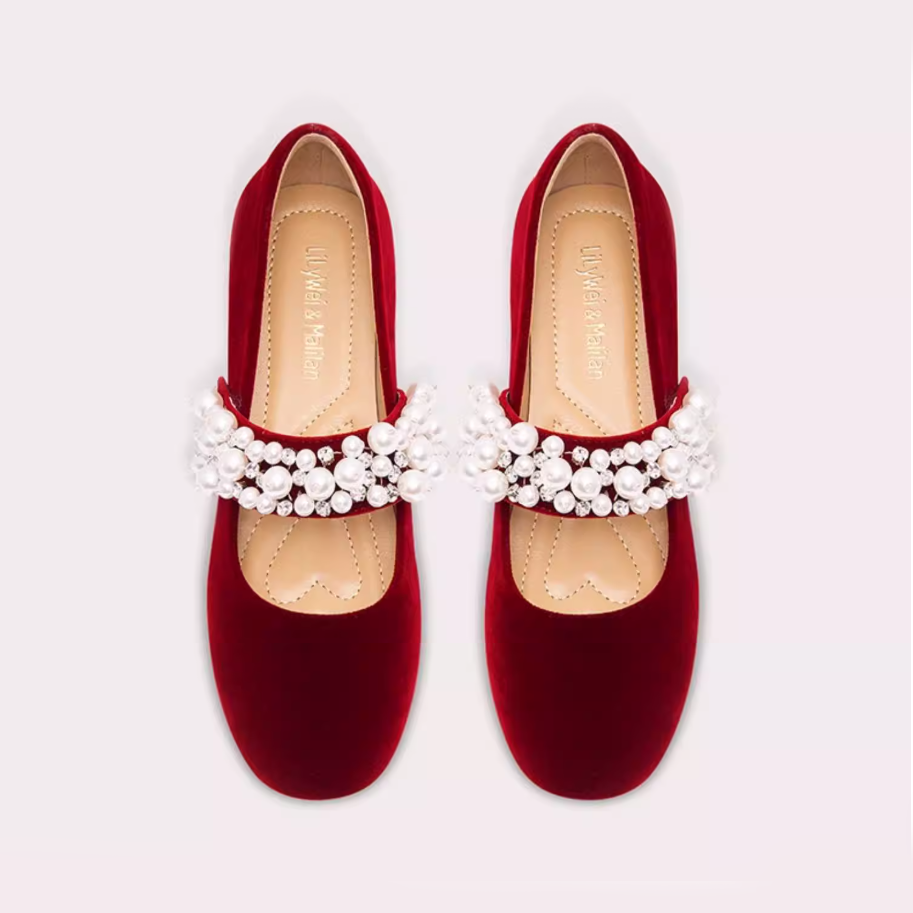 Velvet Pearl Strap Mary Jane Flats