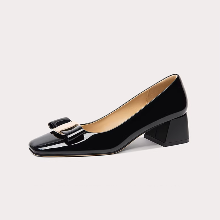 Khaki Bow Detail Square Toe Block Heels