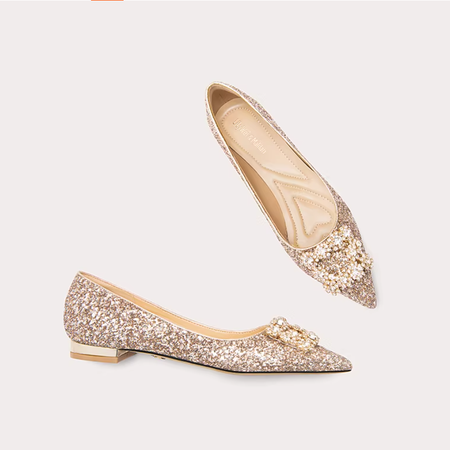 Rhinestone Buckle Gold Glitter Flats