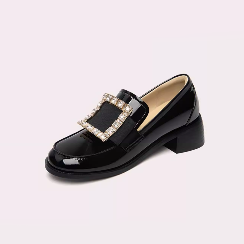 Crystal Buckle Glossy Loafer Block Heels