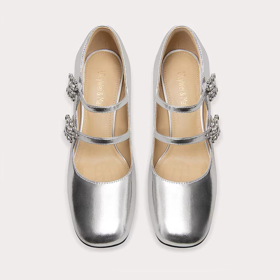 Silver Metallic Double Strap Mary Janes