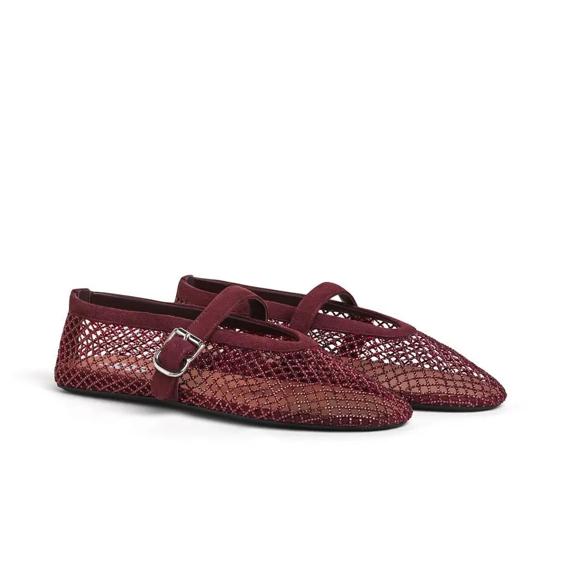 Burgundy Strass Fishnet Ballet Flats Gilded Cadence